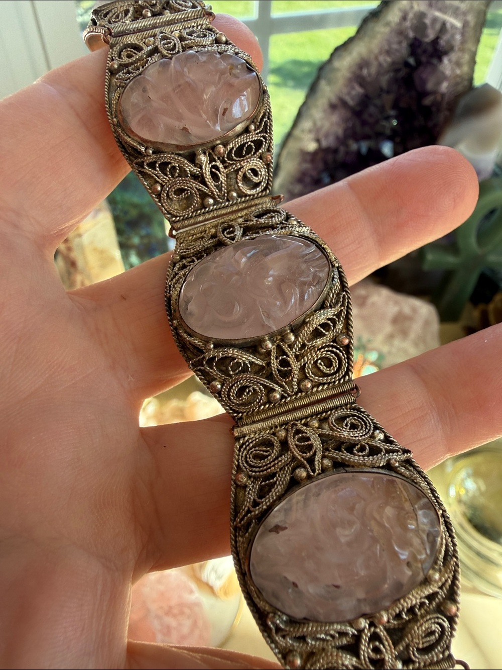 Peking Glass Sterling-Style Filigree Bracelet with Rose Pink
